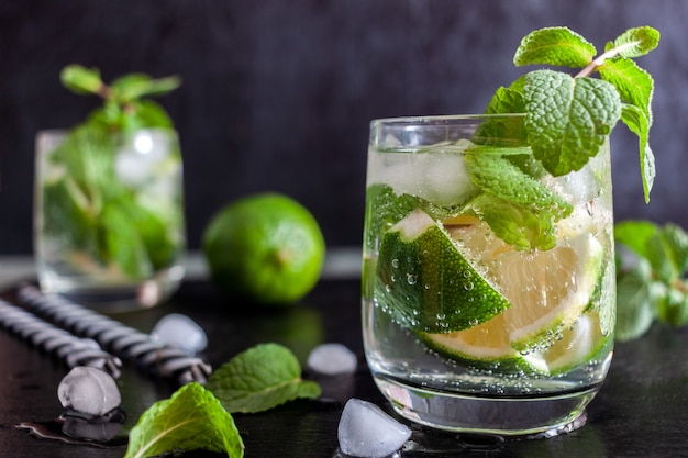 Mojito Cubano iced drink with lime and mint