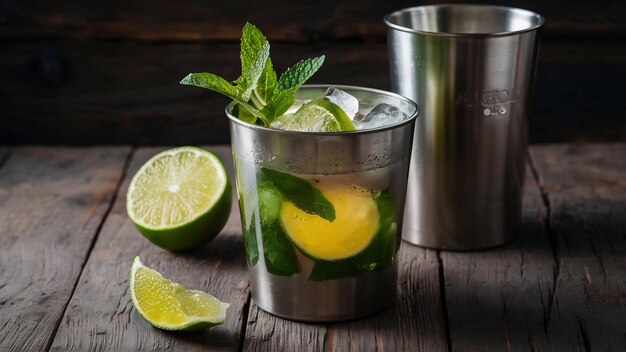 Mojito drink in steel glass with lime mint and ice