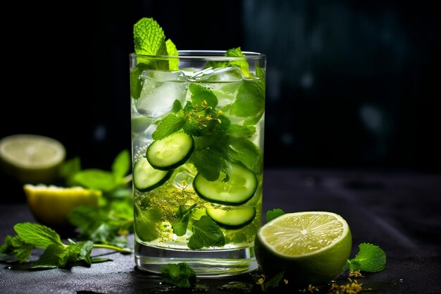 Mojito Lemonade Cold Drink with Basil Cucumber and Lime Generative AI