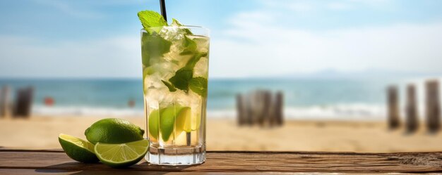 Mojito long rum drink with fresh mint lime juice on the beach Generative ai