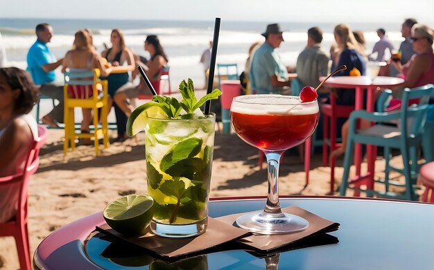 Photo mojito and san francisco cocktail on a table in a bar on the beach