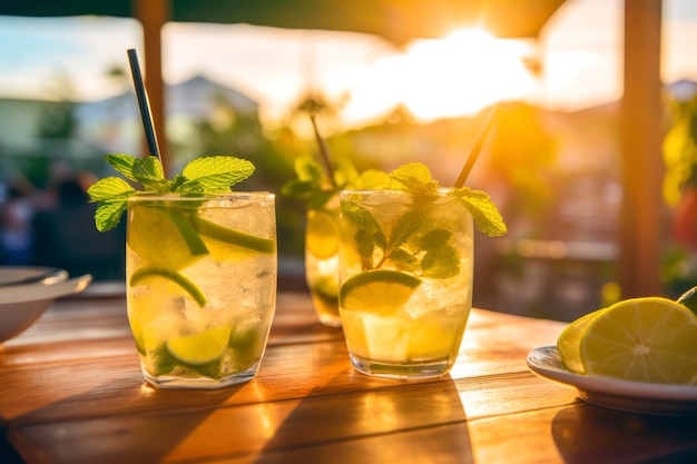 Mojito sunset a stylish outdoor setting with friends enjoying mojitos against the warm glow