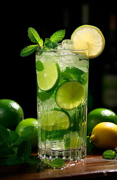 Mojito with fresh mint leaves and lime on crushed ice on a black background AI generated image