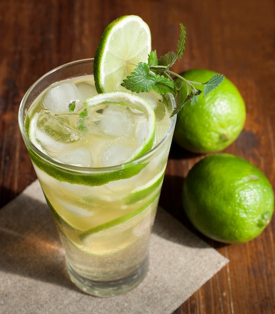 Mojito with fruit lime mint leaves and ice