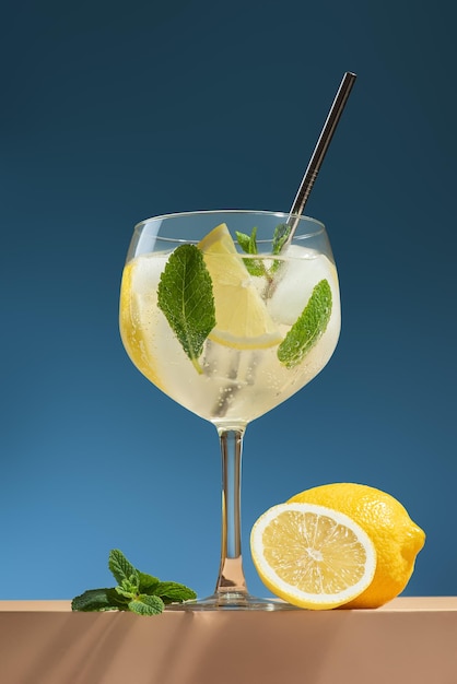 Mojito con limone e menta su sfondo blu