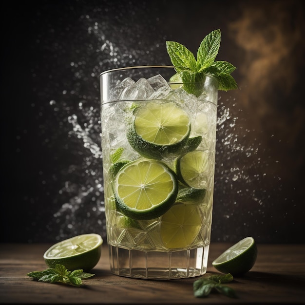 Mojito with lime and ice cubes Generative AI