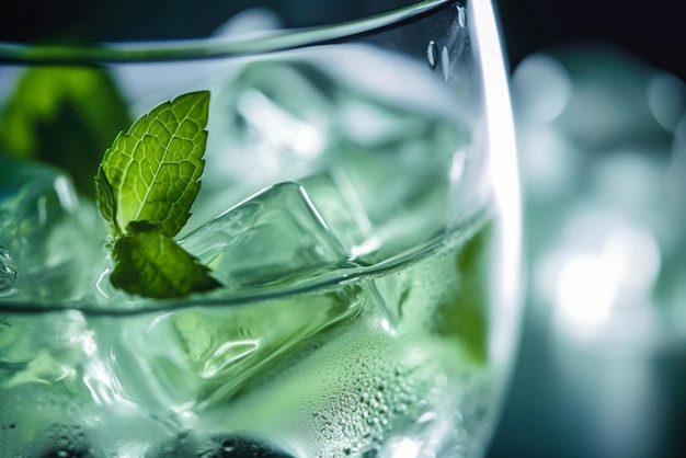 Mojitococktail met ijs en munt op een zwarte achtergrond Generatieve AI