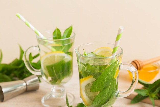 Mojitococktail Verfrissende mojitococktail met limoencitroen en munt in een hoog glas met een stokje