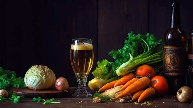 Mok bier met wegetables op houten tafel achtergrond stilleven kopie ruimte ai gegenereerd