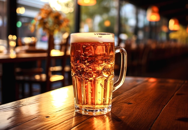 Mok bier op een houten tafel in een pub of restaurant