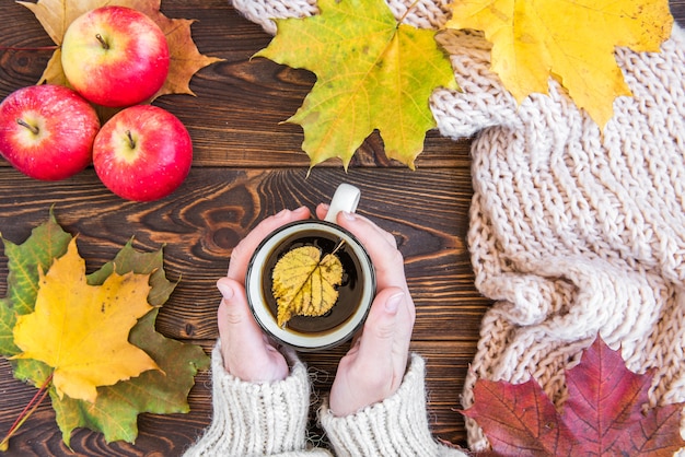 Mok thee en herfst esdoornbladeren