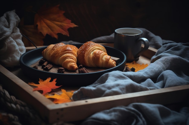 Mok thee of koffie met kleurrijke gevallen bladeren op rustiek houten dienblad boven beddengoed