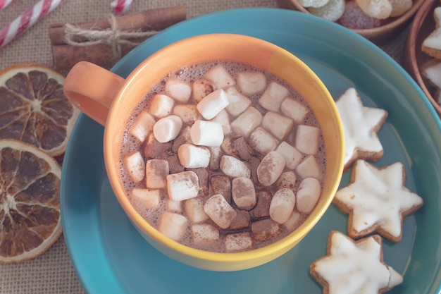 Mok warme chocolademelk met marshmallow op de achtergrond van chocolade en kaneel. Gezellige kerstvakantie thuis