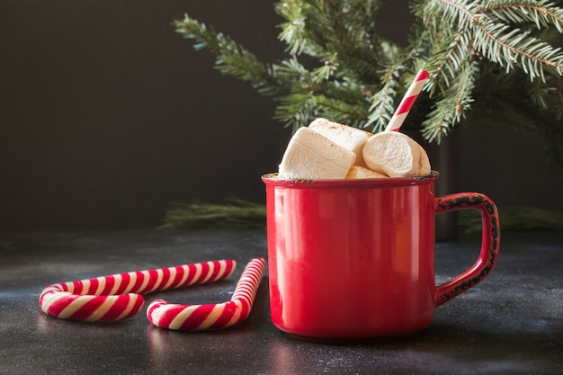 Mok warme chocolademelk met marshmallows en kerstboomtakken op zwart