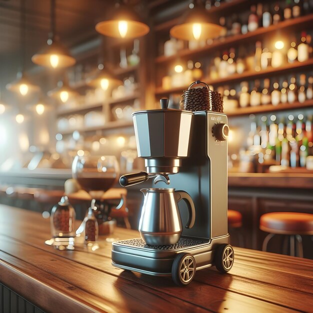 Photo moka coffee makers in a cafe setting with wheels for quick service concept