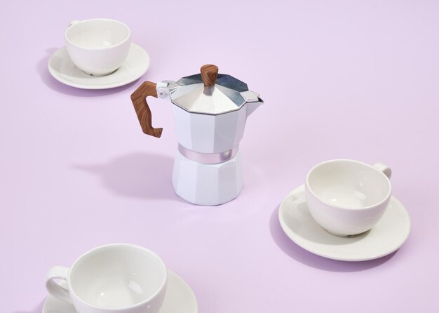 Moka coffee pot and dishes assortment Discussing business issues Enjoy coffee