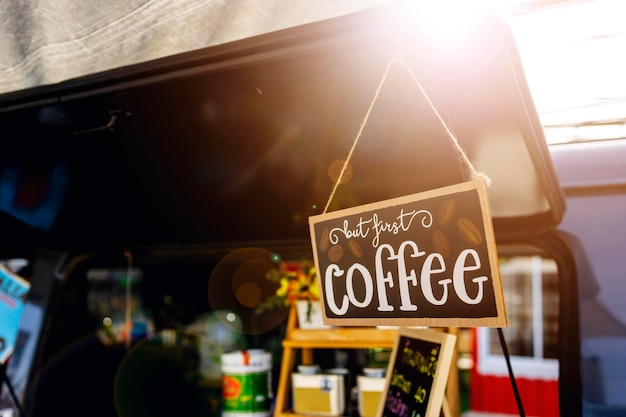 Moka pot caf wooden sign at coffee truck