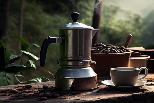 Mokapot en koffiekopje in het bos Campingsfeer in de ochtend