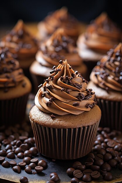 Mokka cupcakes met chocoladeganache en met chocolade omhulde koffiebonen