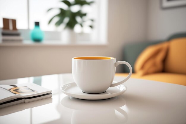 Mokken koffie op tafel in woonkamer Generatieve AI