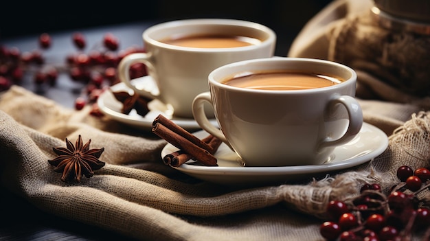 Mokken met koffie met kaneel en anijsplant ernaast