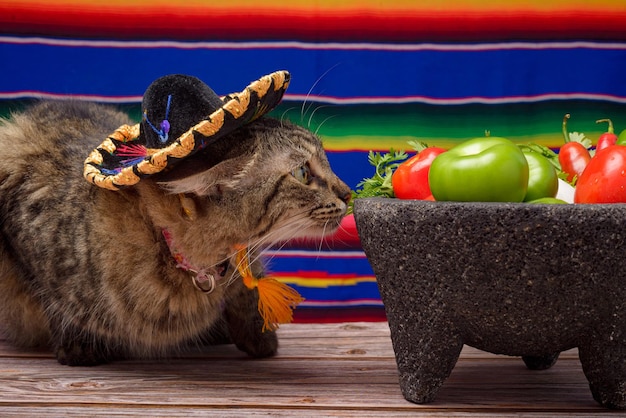 Molcajete met groenten op houten tafel Ingrediënten voor een hete saus Kat met mariachi hoed