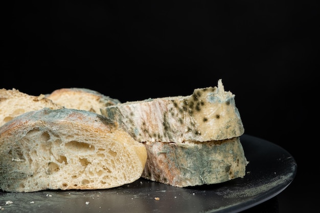 Mold on bread on a black background closeup The danger of mold stale products