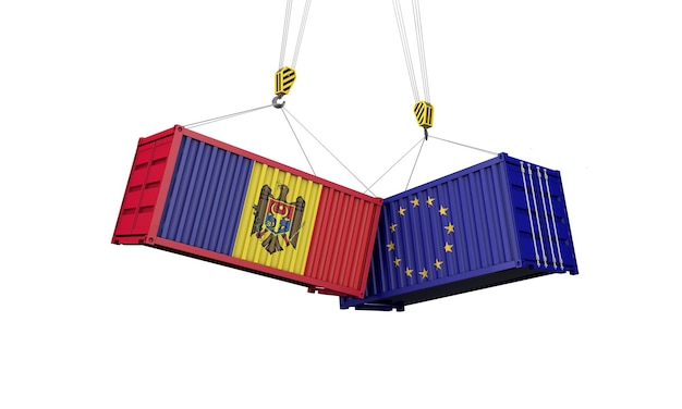 Moldavië en Europa handelsoorlog concept botsende vrachtcontainers d render