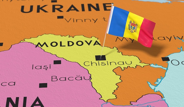 Национальный флаг Молдовы в Кишиневе прикреплен к политической карте 3D-иллюстрации
