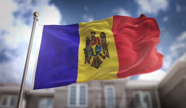 Moldova Flag 3D Rendering on Blue Sky Building Background 