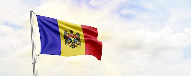 Moldova flag waving on sky background 3D Rendering
