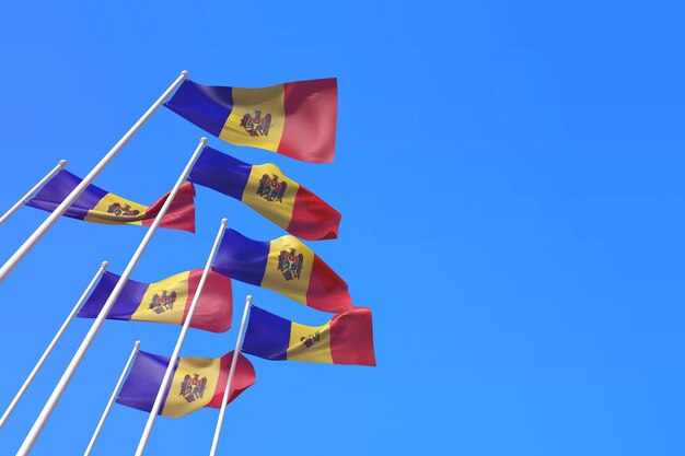 Moldova flags waving in the wind against a blue sky d rendering