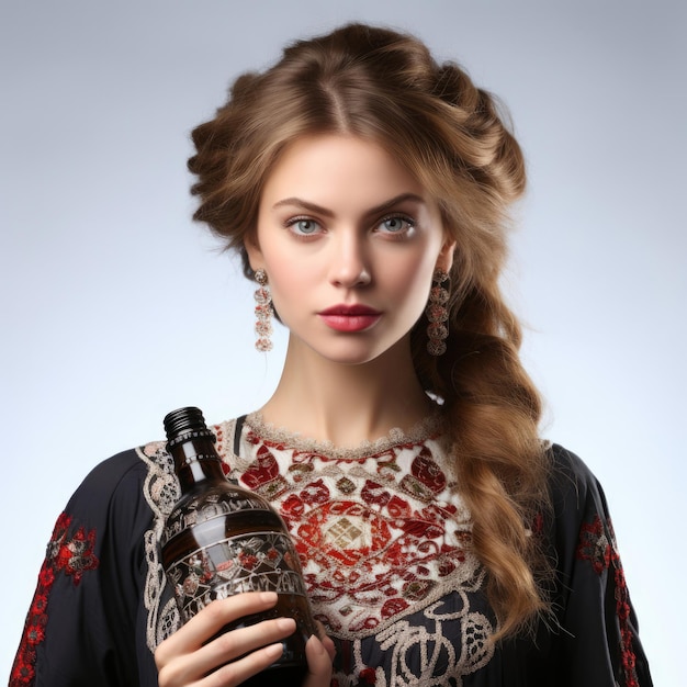 Moldovan Woman in Traditional Wear with Wine