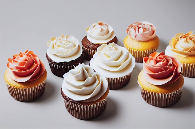 Molds with soft fresh cupcakes decorated with delicate cream isolated on white background