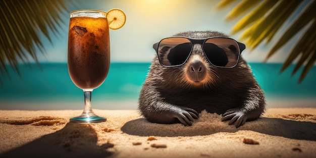 Mole is op zomervakantie in een badplaats en ontspant op het zomerstrand