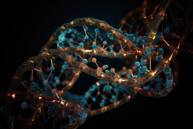 Foto moleculaire ketens van dna die ingewikkelde patronen en vormen vormen, gemaakt met generatieve ai