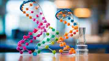 Photo molecular dna and atom model in science research laboratory