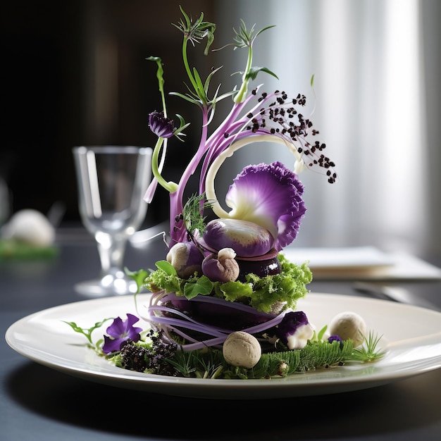 分子ガストロノミーディッシュ AI が生成した紫と緑の野菜を使ったエレガントな料理のプレート