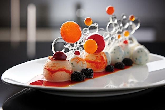 Photo molecular gastronomy dish featuring the techniques of molecular gastronomy