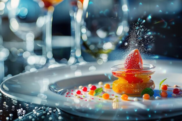 Molecular Gastronomy in elegant setting precision plating with vibrant colors