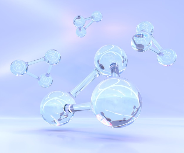 화학 의학 또는 생물학 과학을 위한 분자 또는 원자 모델 추상 분자 구조 미세한 물체는 보라색 배경 3d 렌더에 유리 구 또는 수정처럼 맑은 공을 연결합니다.