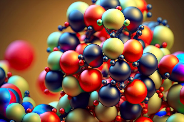 さまざまなサイズと色の球体を持つ分子のクローズ アップ モデル
