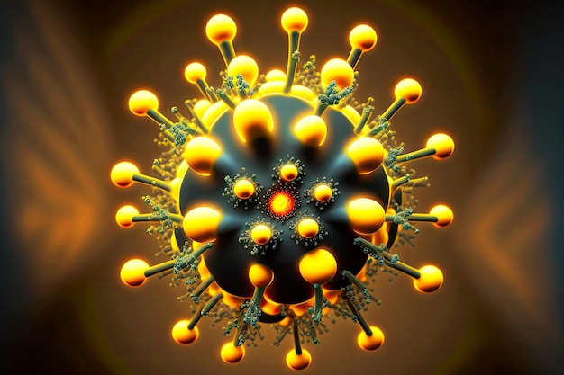 Photo molecule closeup representation similar in shape to burning flower with yellow rays