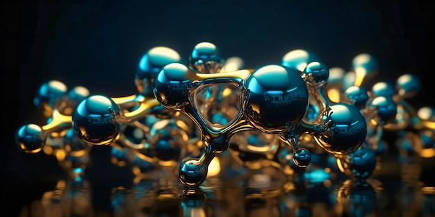 Molecule of gold with blue liquid on it