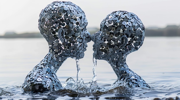 Фигуры молекулярного человека сближаются над водой на мгновение замерзли в метале, отражая единство и разделение.