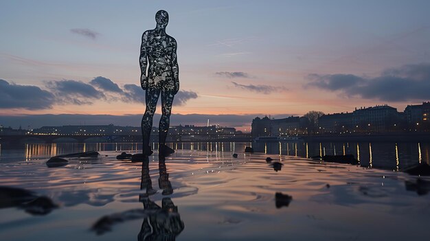 Molecule Man towering over the water a symbol of unity and connection reflecting on the surface below