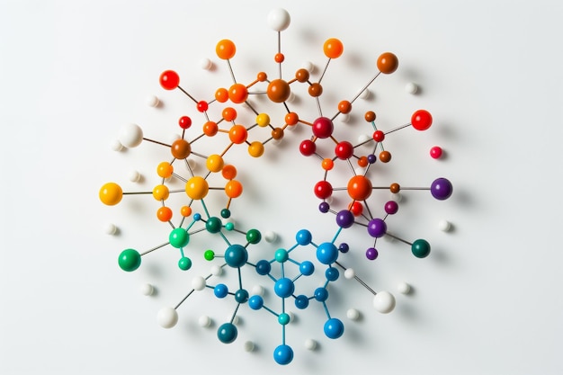 Photo molecule models in various colors arranged in a circular pattern on a white background