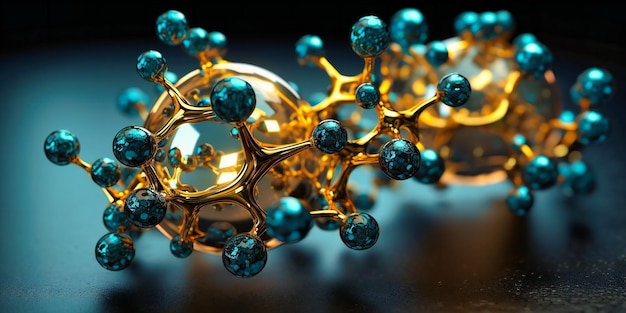 写真 青い液体が付いた金の分子
