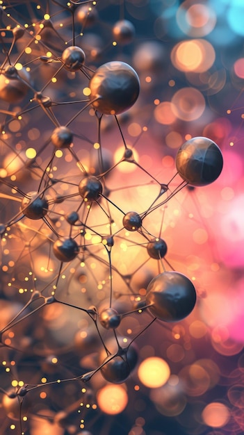 Molecule structure with atoms connected by glowing lines on a blurred colorful background