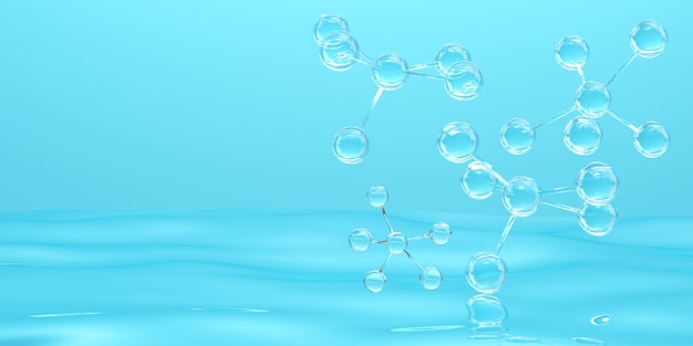 水の背景上の分子化粧品エッセンス化粧品スパ医療スキンケア 3 d イラストレーション
